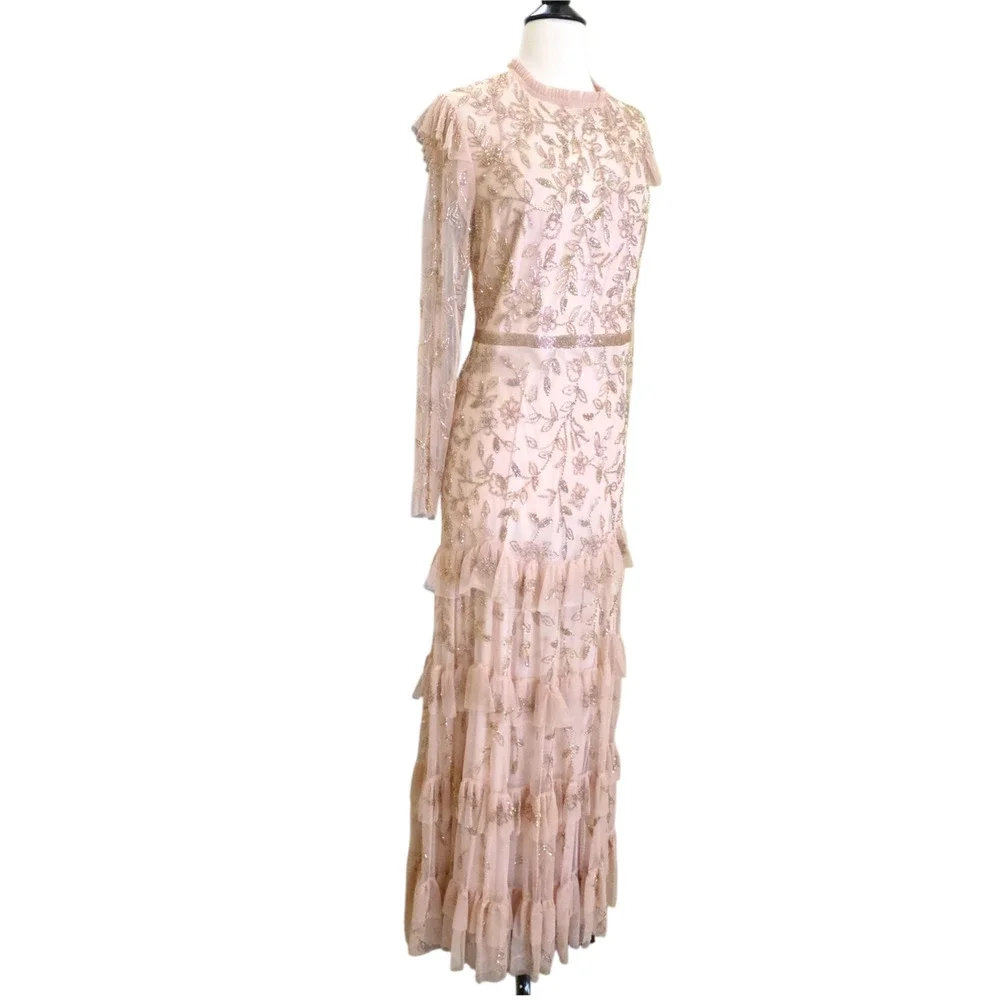 Mac Duggal 9237 Blush Beaded Tulle Formal Gown Long Sleeve Size 20 Dress - Picture 5 of 15